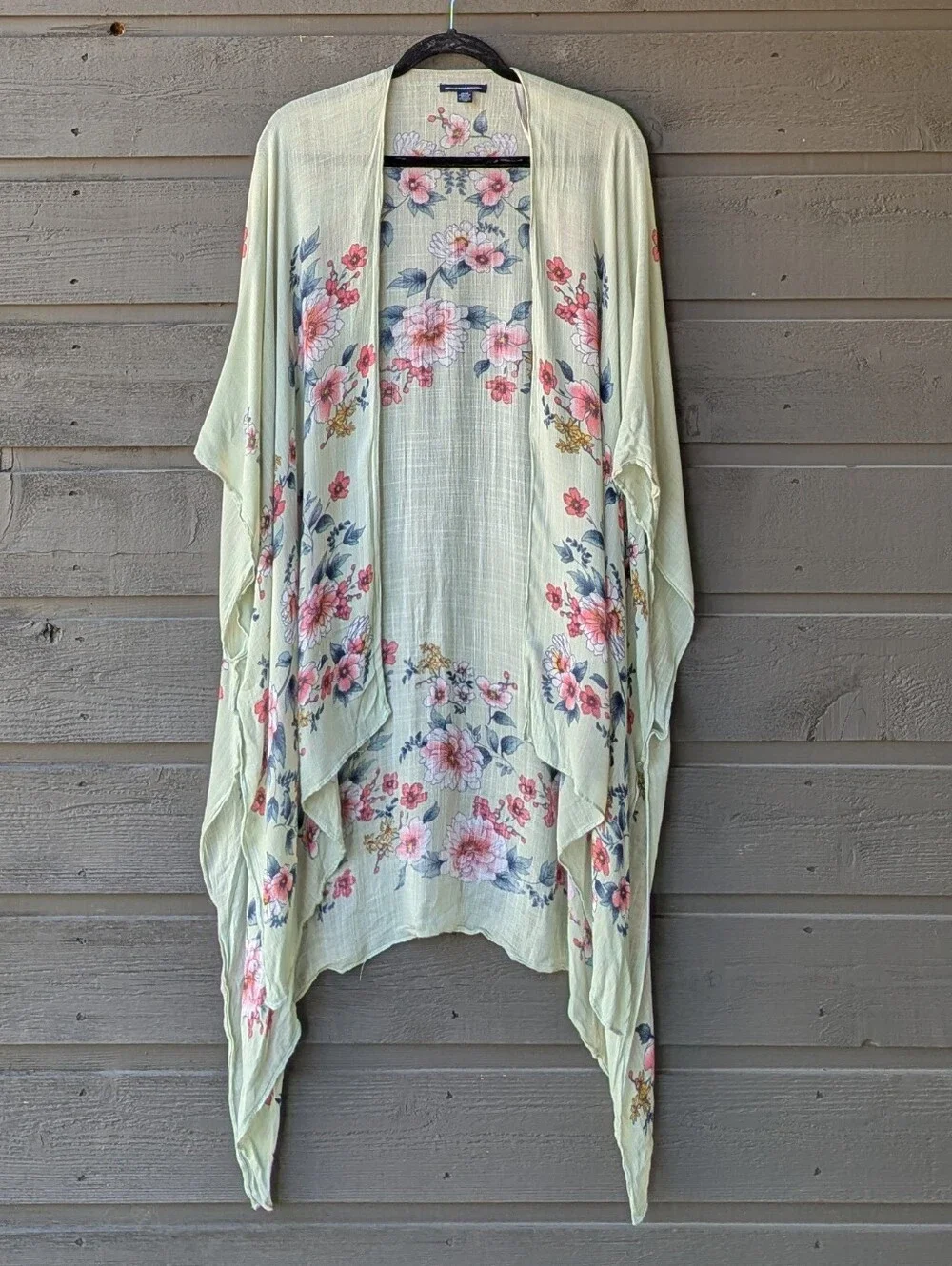 American Eagle Outfitters Light Green Floral Open Front Kimono One Size